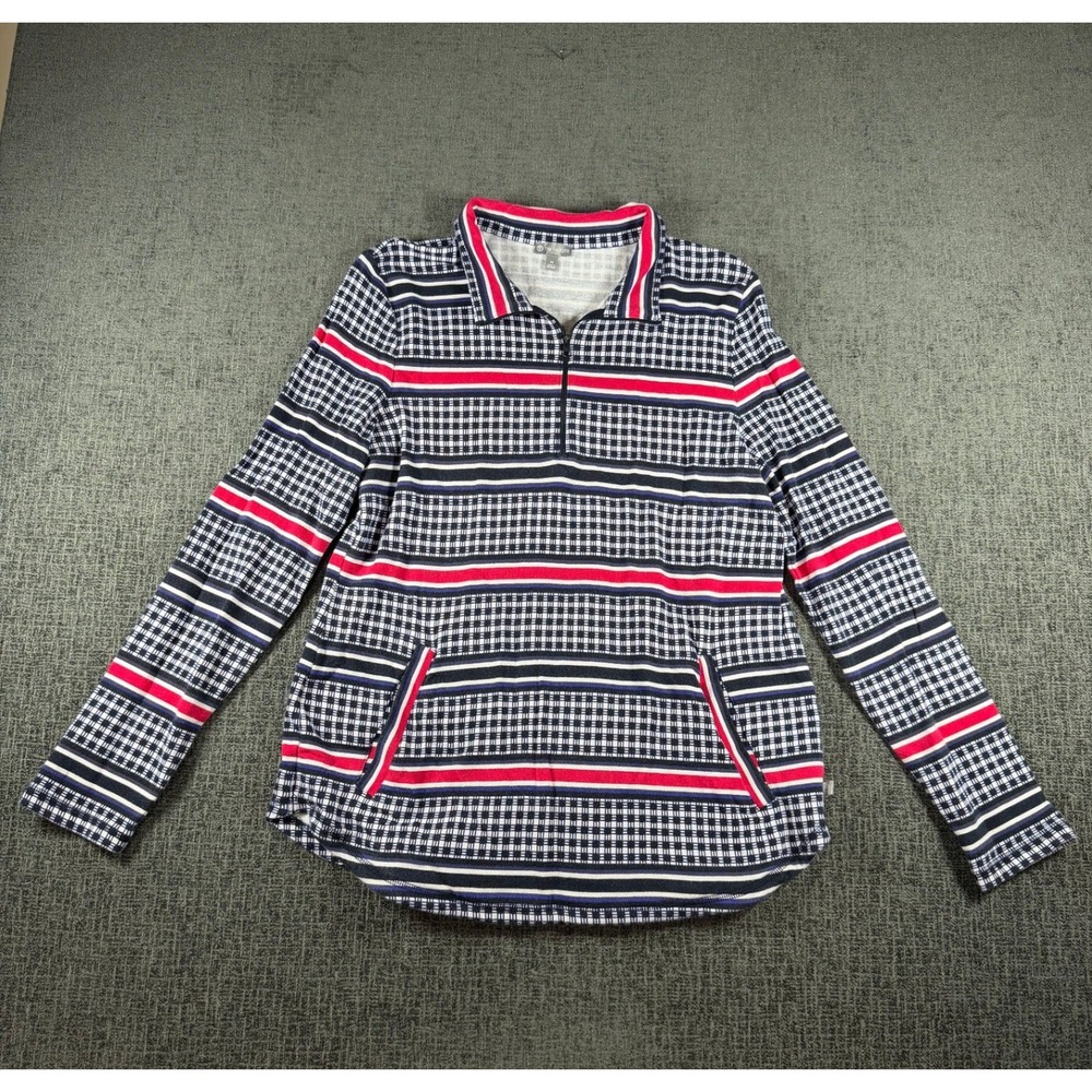 T by Talbots Womens Navy Red Striped Quarter Zip Pullover Top Medium